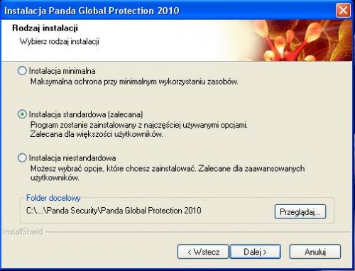 Panda Global Protection 2010 - Dostępne są trzy profile, instalacja minimalna, standardowa (zalecana) i niestandardowa