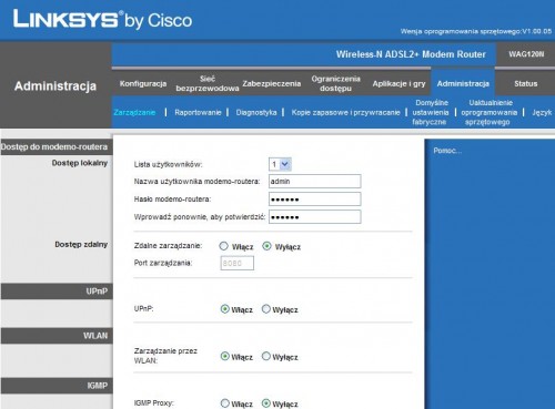 Linksys WAG120N i Linksys WRT160NL - Administracja