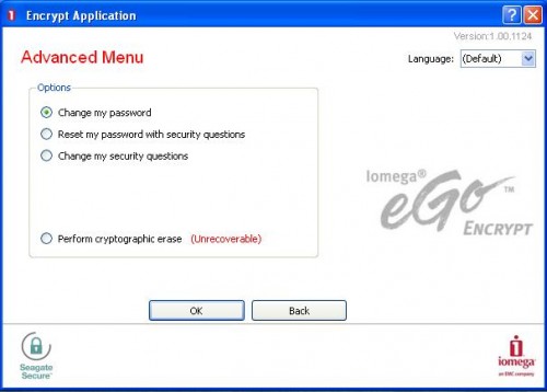 Iomega eGo Encrypt - za pomocą programu Iomega Encrypt można m.in. zmienić hasło lub przeprowadzić usuwanie kryptograficzne.