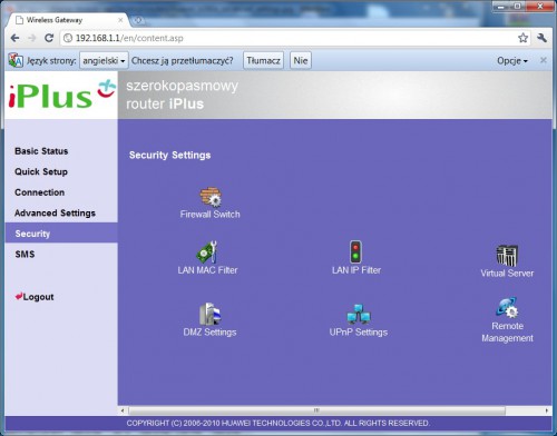 Huawei B260A - Security Settings