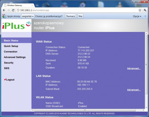 Huawei B260A - Status
