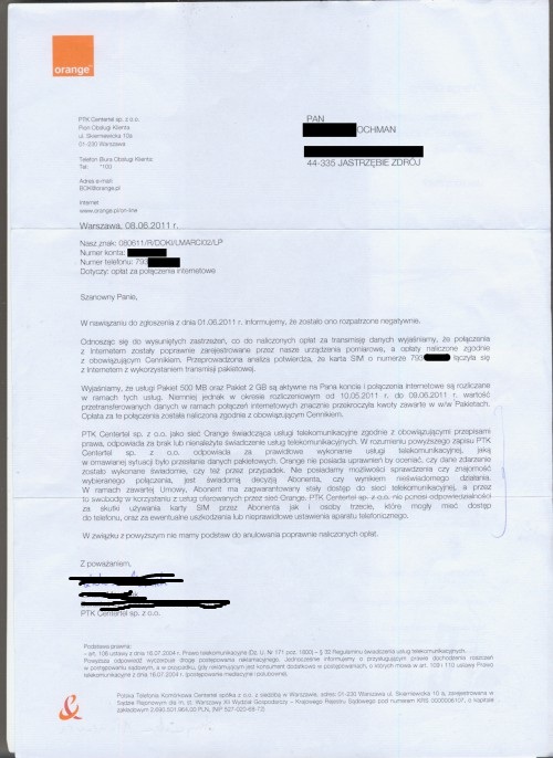 Mateusz ws. Orange: pierwsza odpowiedź na reklamację