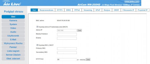 WN-200HD Cam Pro HD: Ustawienia