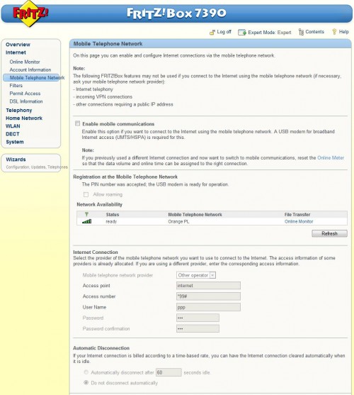Ustawienia połączeń dla sieci 3G