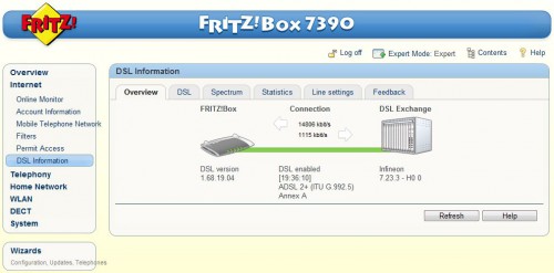 Strona główna dla ustawień DSL. Fritzbox Fon 7390 wspiera Annex A  i B