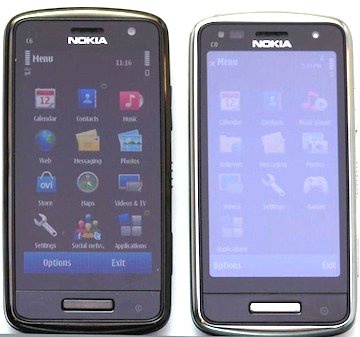 Po lewej Nokia C6-01 wyposażona w ekran z powłoką antyrefleksyjną. Po prawej smartfon z identycznym wyświetlaczem, ale  bez warstwy CBD