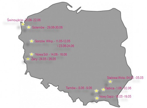 W tych miastach pojawi się T-Mobile Truck: Stalowa Wola (4-5 maja), Gorzów Wielkopolski (11-12 maja i 23-24 czerwca), Nowy Sącz (18-19 maja), Żary (24 i 26 maja), Dębica (1-2 czerwca), Tarnów (8-9 czerwca), Nowa Sól (14-16 czerwca), Świnoujście (21-22 czerwca), Goleniów (29-30 czerwca)