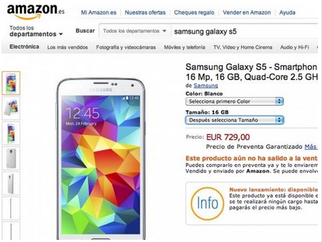 Galaxy S5 w przedsprzedaży w hiszpańskim Amazonie