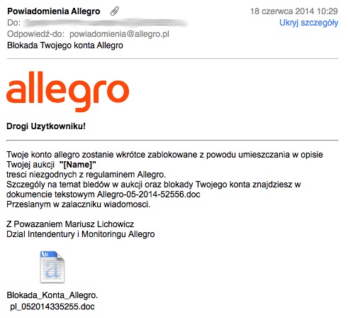 Zainfekowane wiadomości z Allegro