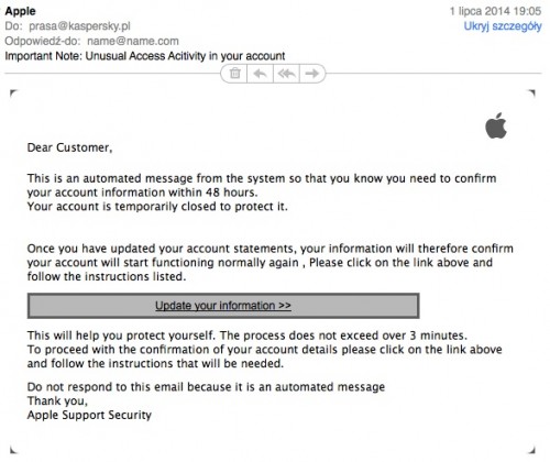 Wiadomość e-mail docierająca do użytkowników w ramach nowego ataku phishingowego