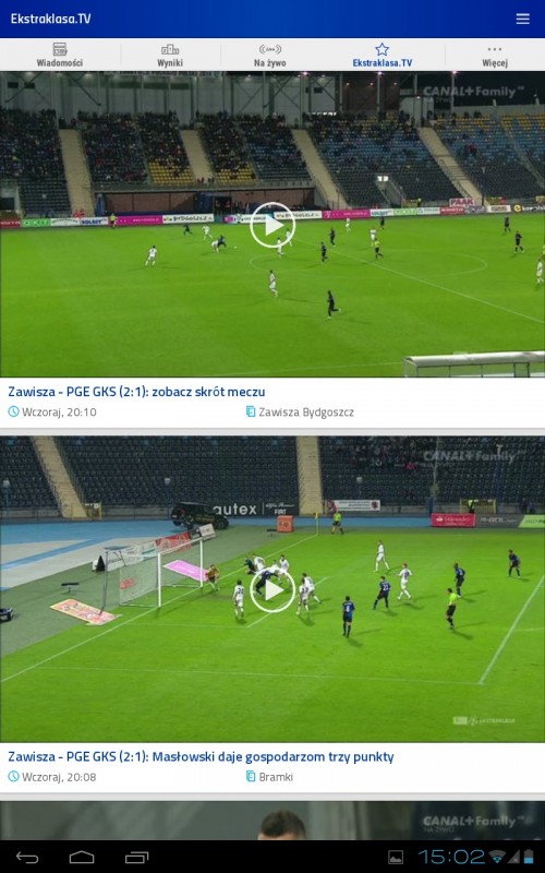 Aplikacja Ekstraklasa tv Android-tablet