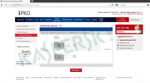 Sfałszowana strona nakłaniająca do podania kodów jednorazowych autoryzujących transakcje bankowe
