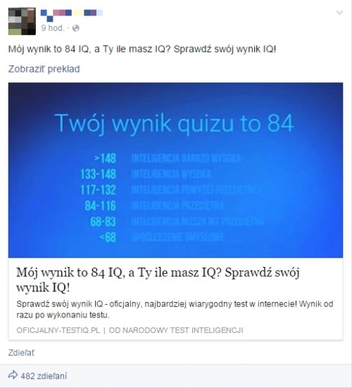 Pułapka na Facebooku z testem IQ