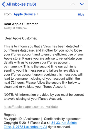 Fałszywy mail z informacją o rzekomym zainfekowaniu iTunes wirusem