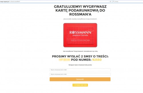 Strona z polami, w które należy wpisać <a href="https://www.telix.pl/index.php">kod</a> otzrymany w wiadomości SMS’ /><br /><b>Strona z polami, w które należy wpisać kod otzrymany w wiadomości SMS</b></div>
</p>
<p align="justify">Po kliknięciu w wybraną opcję, użytkownik jest kolejny raz przenoszony na inną witrynę, gdzie proszony jest o podanie dwóch kodów. Kłopot w tym, że aby je otrzymać, internauta musi wysłać dwie wiadomości SMS na numer 92550. Koszt jednego SMSa, wysłanego na wspomniany numer, to 30,75 zł brutto.
</p>
<p align="justify">
<div align=
