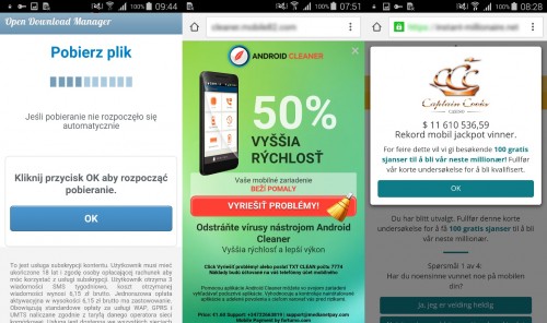 Strony, do których przekierowują złośliwe aplikacje