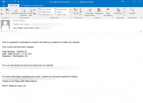 Fałszywy mail rzekomo od Delta Air Lines