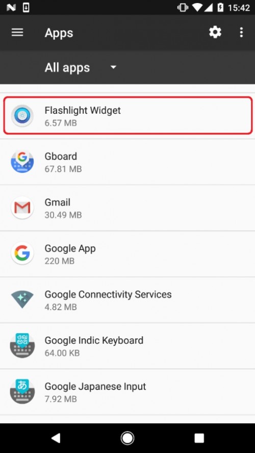 Widget latarki w Menedżerze aplikacji