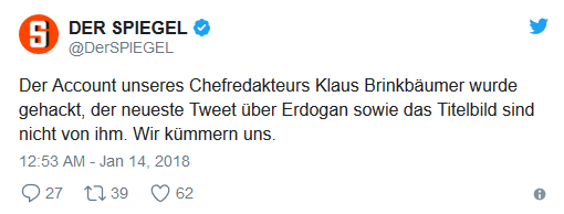 Informacja na oficjalnym profilu niemieckiego „Spiegla”, wyjaśniająca, że konto redaktora naczelnego Klausa Brinkbäumera zostało wykorzystane w nieuprawniony sposób przez osoby trzecie.
