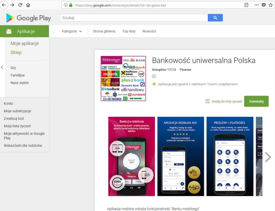 Aplikacja Bankowość uniwersalna Polska print screen z Google Play