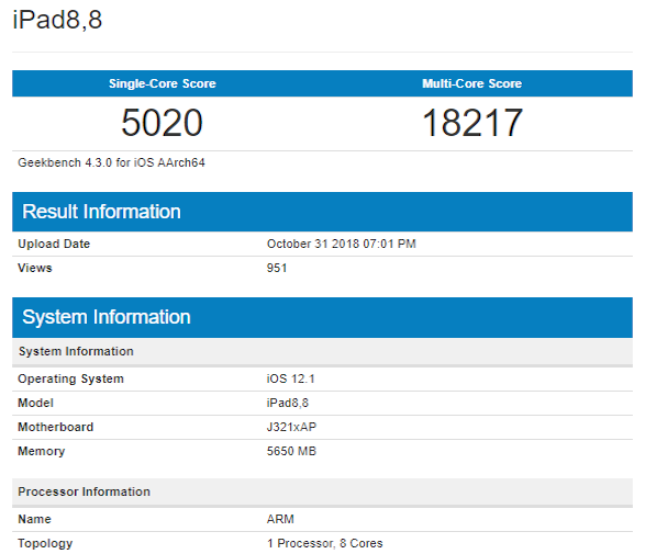 Geekbench Apple A12X Bionic test tabletu PRO