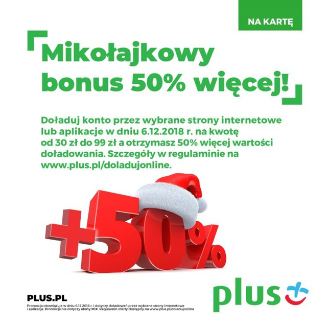 Bonus 50 więcej do doładowania to mikołajkowa promocja Plusa