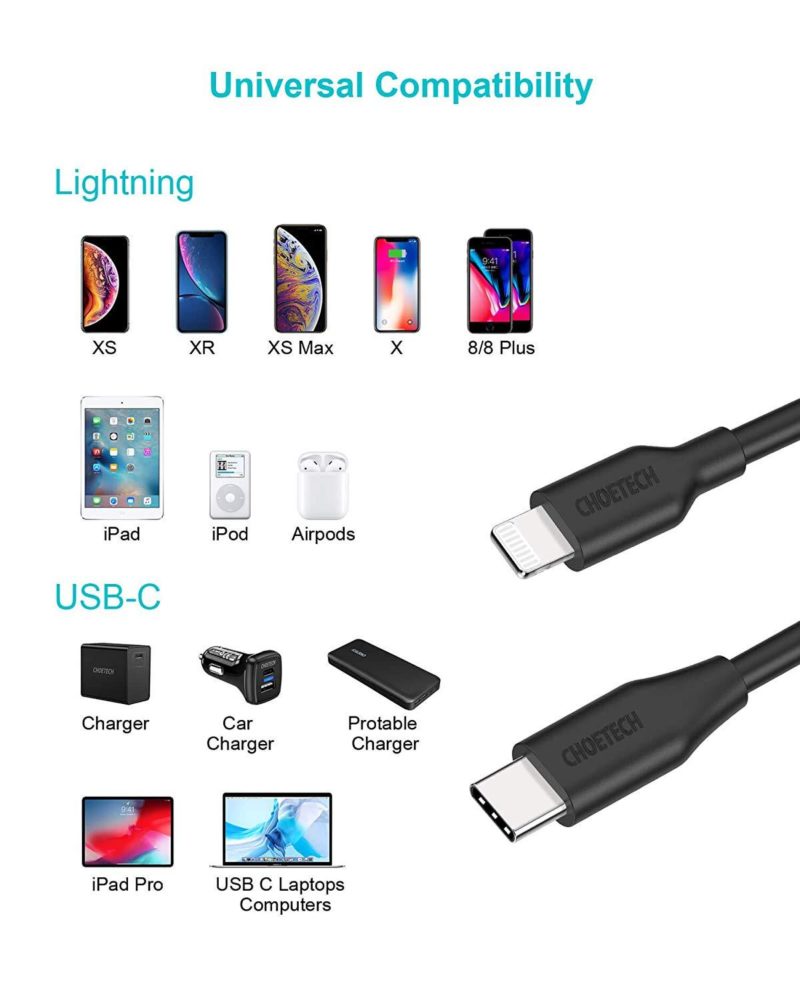 CHOETECH USB C to Lightning Cable Apple MFi certyfikowany kabel do ładowania i podłączenia iPhone XR/ XS / XS Max do Macbooka. Kabel ze złączem Lightning do komputera USB-C lub Thunderbolt 3.