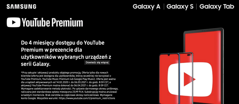 YouTube Premium nawet przez 4 miesiące za darmo dla użytkowników urządzeń Galaxy