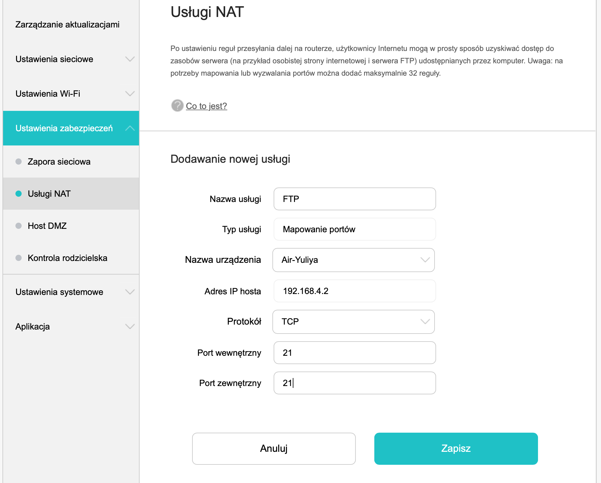 ustawienia przekierowanie portow