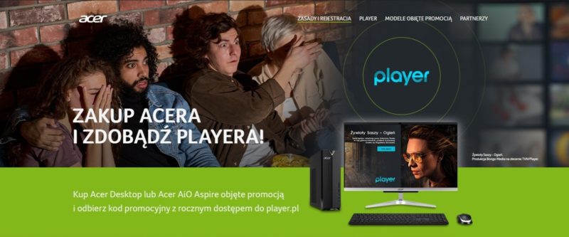 Przy zakupie komputera z serii Acer Aspire – roczna subskrypcja Player.pl za darmo