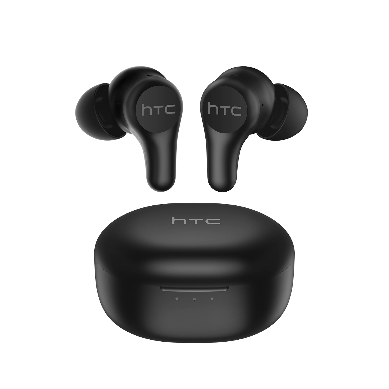 HTC True Wireless Earbuds Plus black earbuds and case back