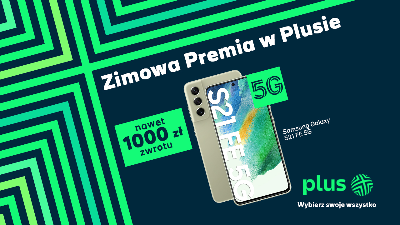 Plus przygotował kolejną odsłonę promocji ze zwrotem gotówki. Klienci, którzy od 28 stycznia br. zdecydują się na zakup smartfona Samsung Galaxy S21 FE 5G w ofercie abonamentowej otrzymają nawet 1000 zł zwrotu gotówki.