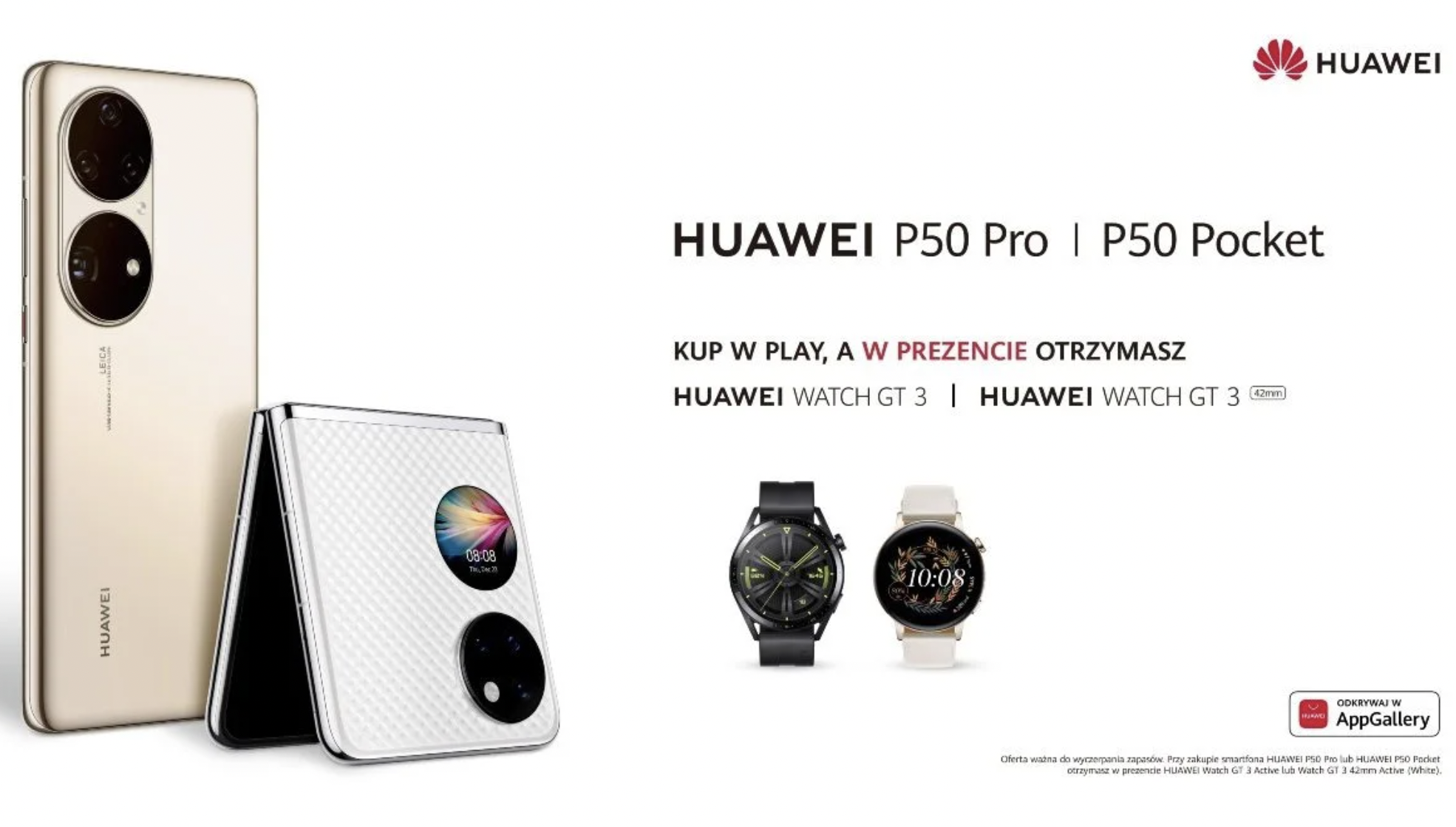 Huawei P50 Pro i P50 Pocket ze smartwatchem Watch GT 3 Active