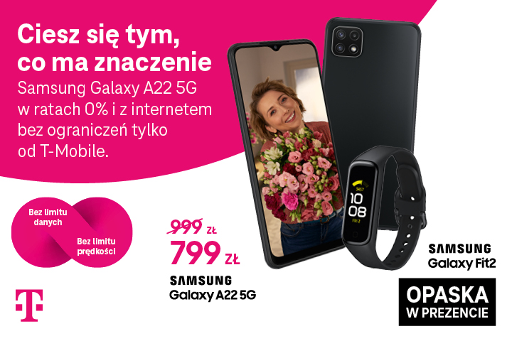 Kup Samsung Galaxy A22 5G w T-Mobile 200 zł taniej i odbierz opaskę Galaxy Fit2 w prezencie