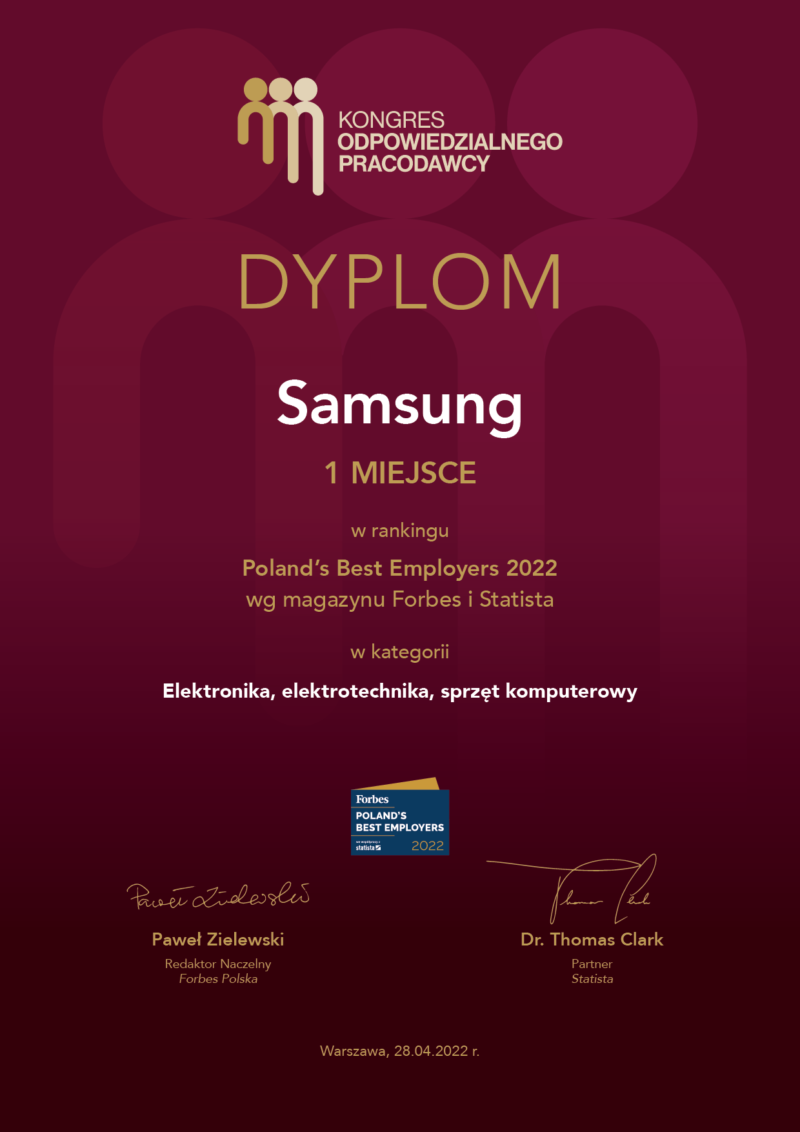 Najlepsi Pracodawcy 2022 dyplom SAMSUNG