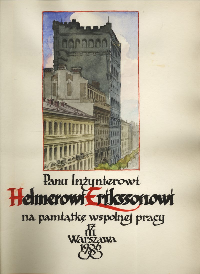 Ul. Zielna z gmachami polsko szwedzkiej PAST na akwareli sprzed 1936 roku. Ilustracja z albumu podarowanego Helmerowi Erikssonowi.