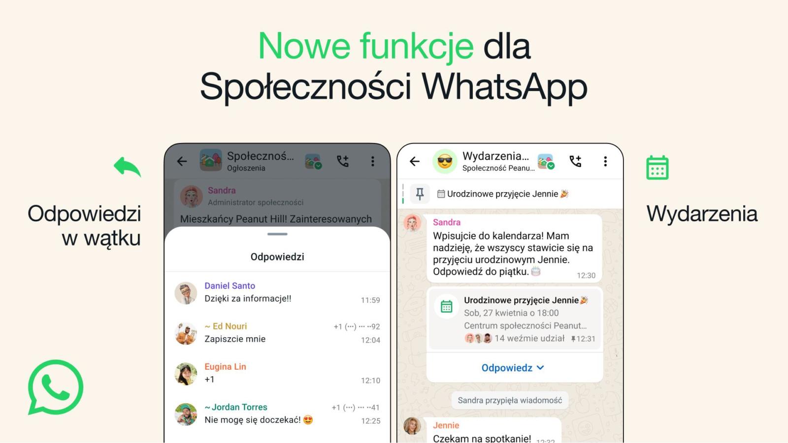 WhatsApp: nowości w sekcji społeczności: Wydarzenia i Odpowiedzi w Grupach z ogłoszeniami