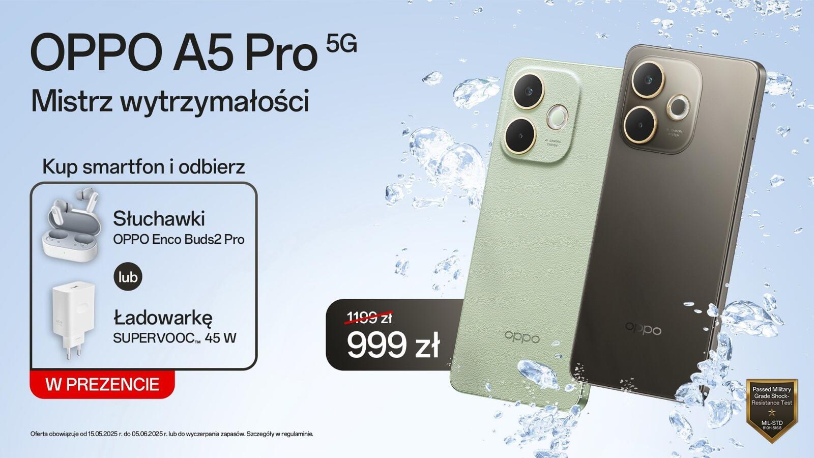 Mistrz wytrzymałości ze standardem militarnym oraz IP69 za mniej niż 1000 zł – w Polsce debiutuje smartfon OPPO A5 Pro 5G