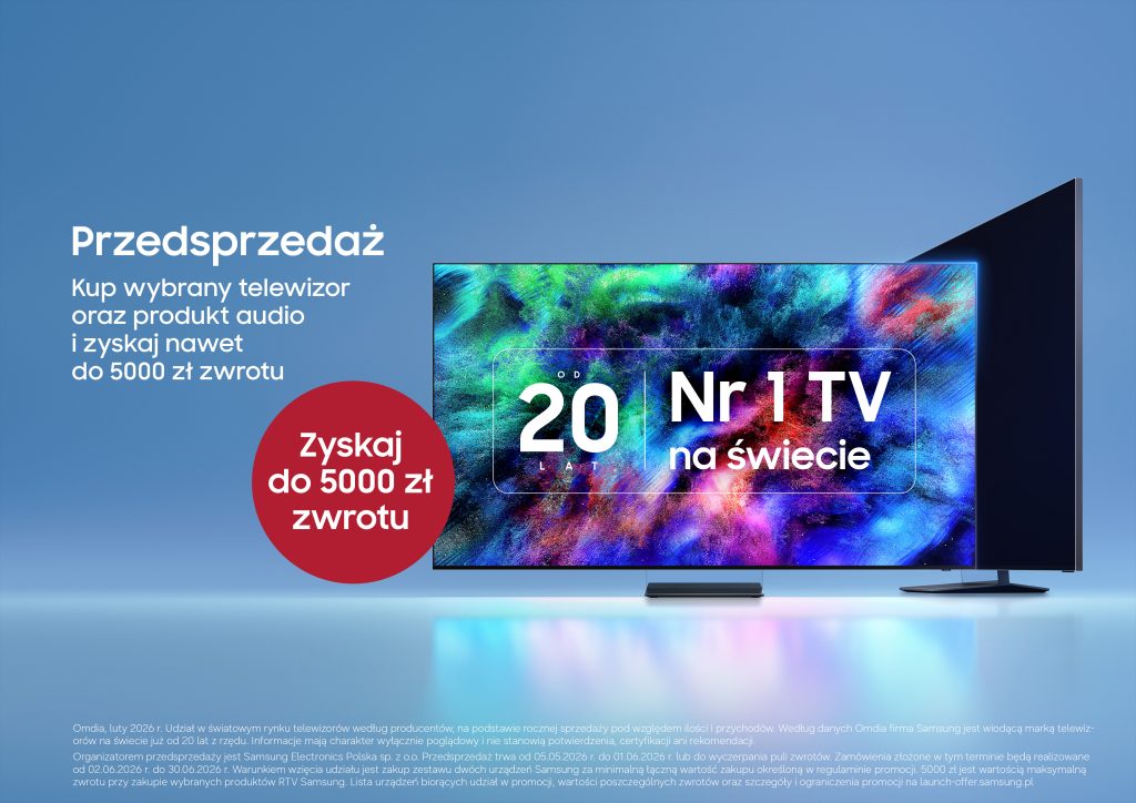 Nawet do 5000 zł zwrotu na konto w przedsprzedaży telewizorów Samsung z 2026 roku razem z wybranym soundbarem lub głośnikiem